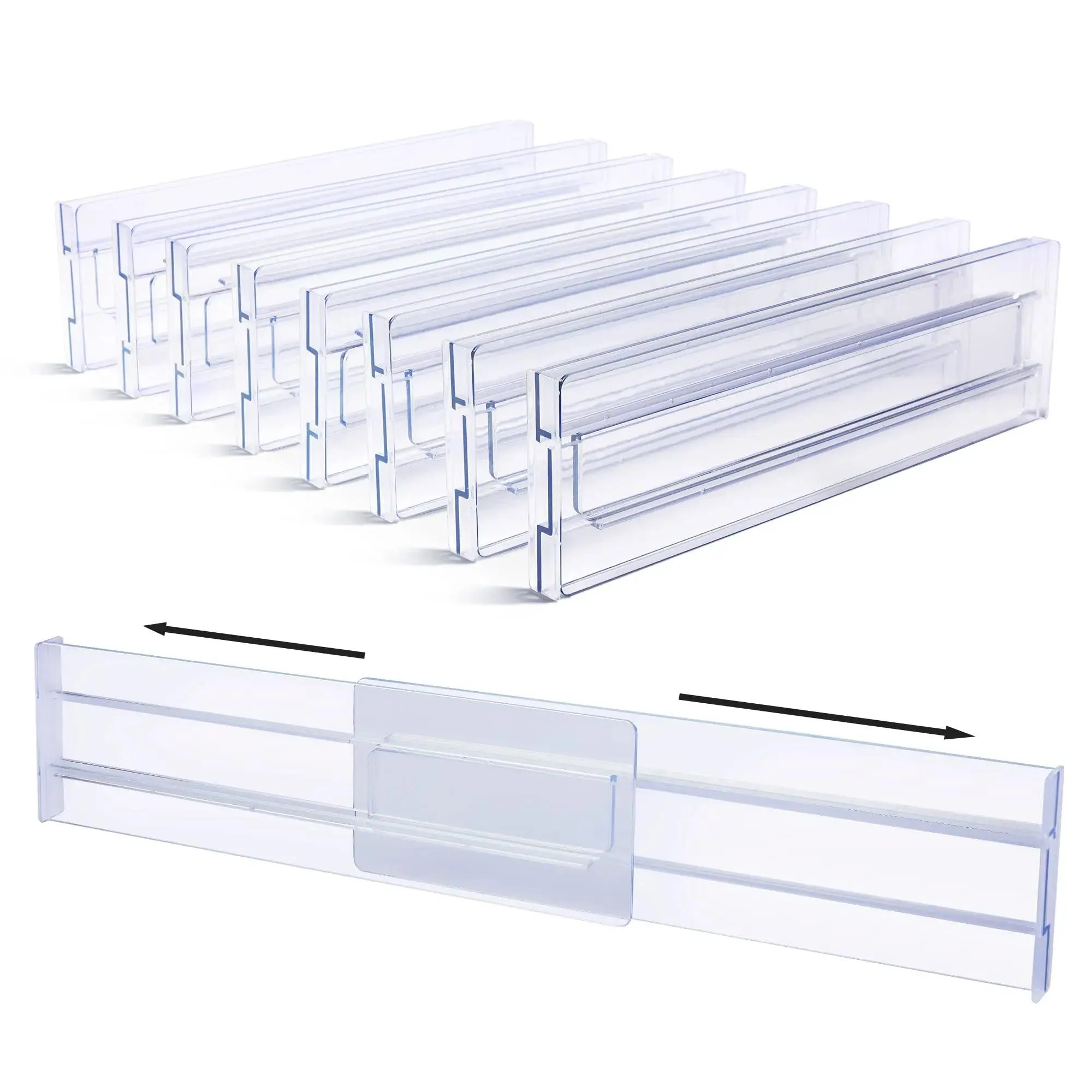📦 Drawer Dividers Organizers 8 Pack | Adjustable Clear Plastic Separators for Kitchen & Clothing Drawers | Expandable Storage Solution