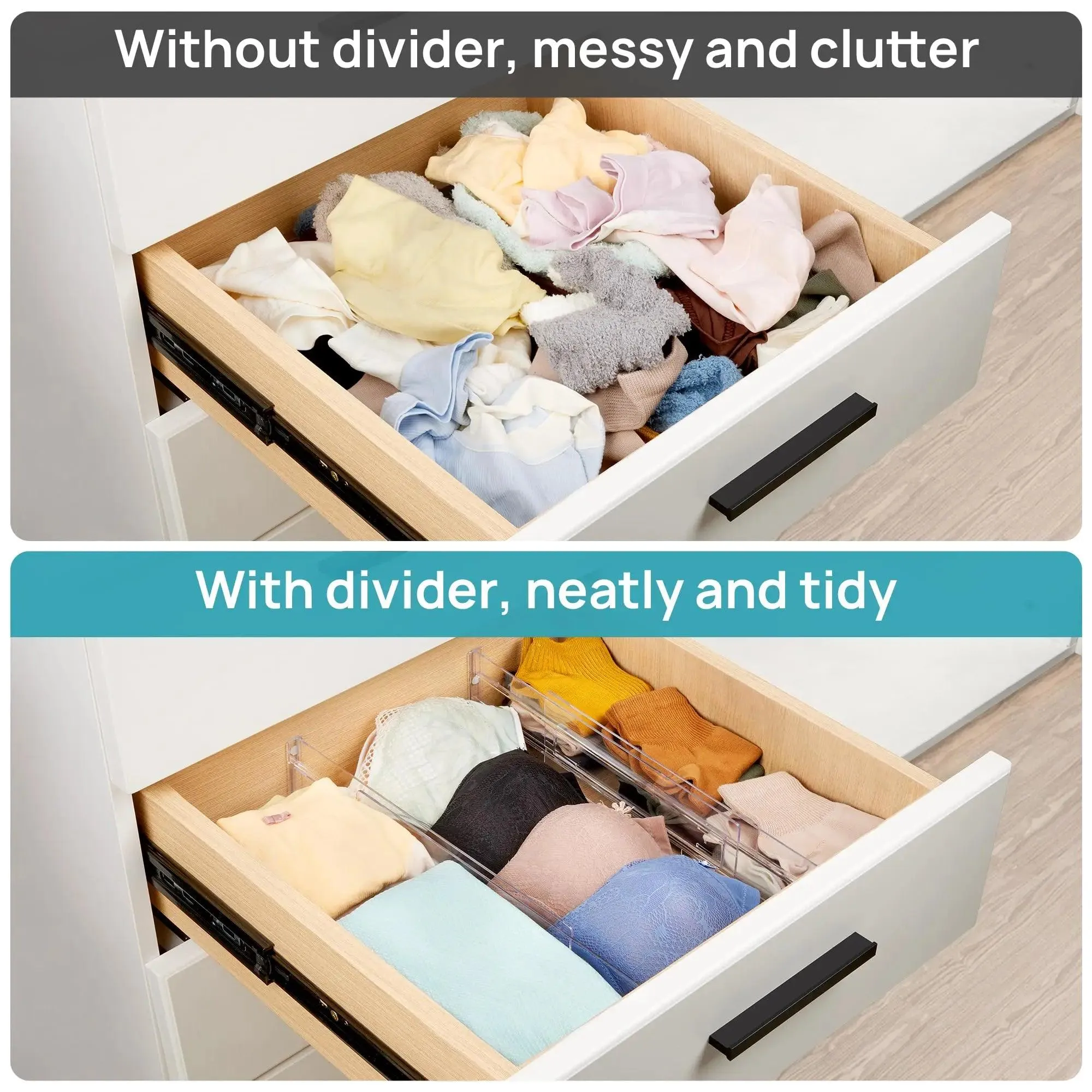 📦 Drawer Dividers Organizers 8 Pack | Adjustable Clear Plastic Separators for Kitchen & Clothing Drawers | Expandable Storage Solution