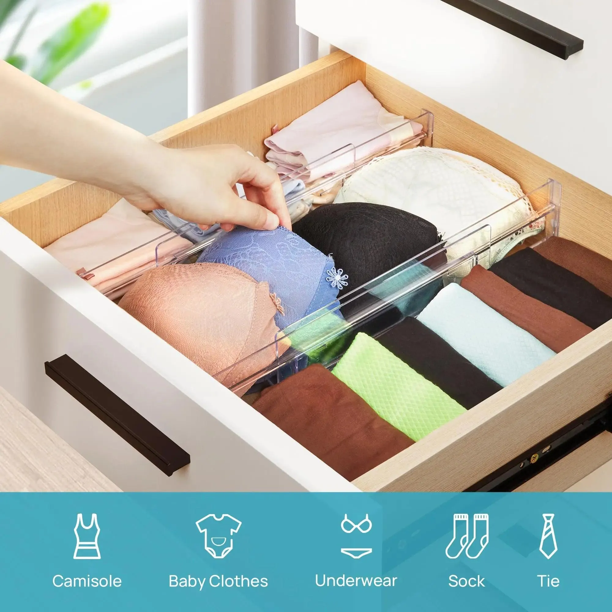 📦 Drawer Dividers Organizers 8 Pack | Adjustable Clear Plastic Separators for Kitchen & Clothing Drawers | Expandable Storage Solution