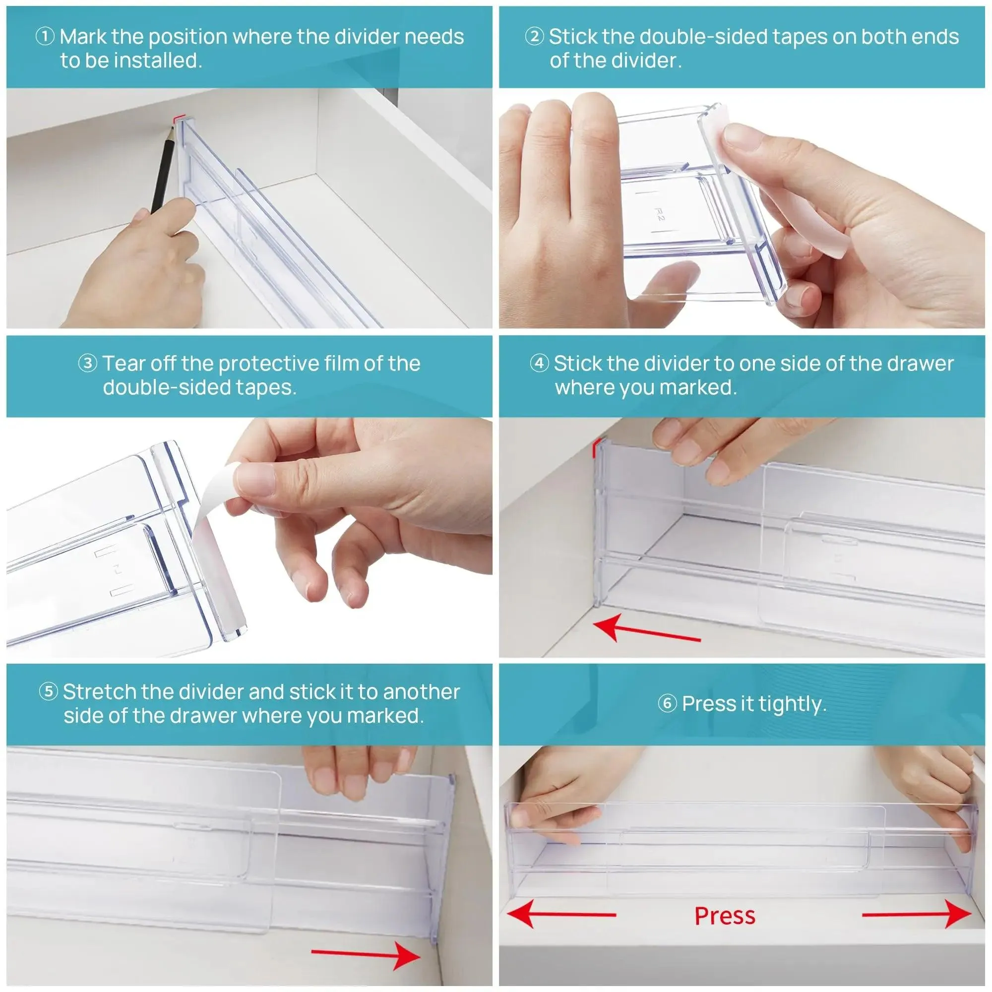 📦 Drawer Dividers Organizers 8 Pack | Adjustable Clear Plastic Separators for Kitchen & Clothing Drawers | Expandable Storage Solution