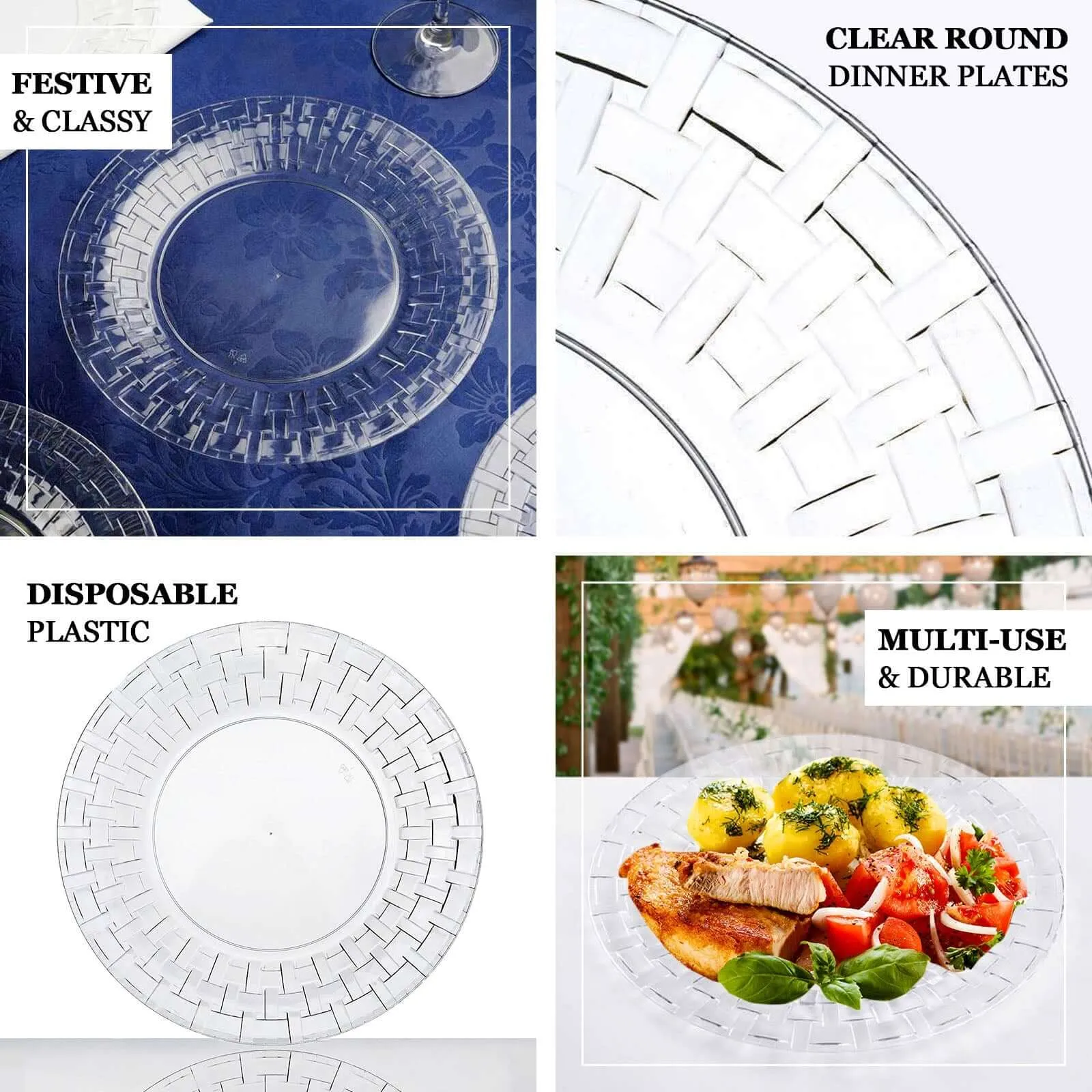 10 Pack Clear Basketweave Rim Plastic Dinner Plates, Disposable Party Plates 10"