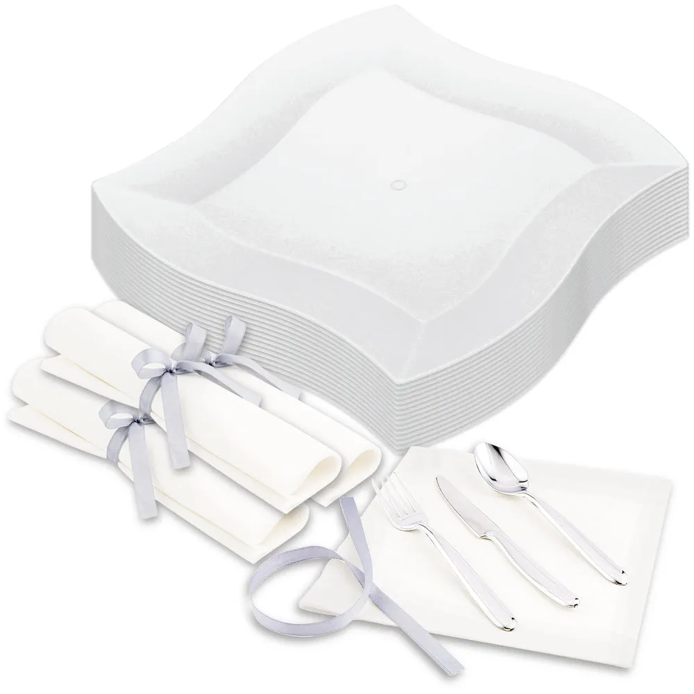 100 Square White 9" Plastic Large Aqua Plates and 100 Moderna Silver Plastic Cutlery Sets
