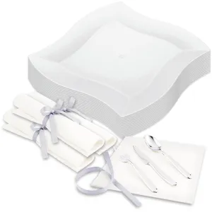 100 Square White 9" Plastic Large Aqua Plates and 100 Moderna Silver Plastic Cutlery Sets