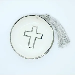 Ceramic trinket dish platinum silver cross ivory white