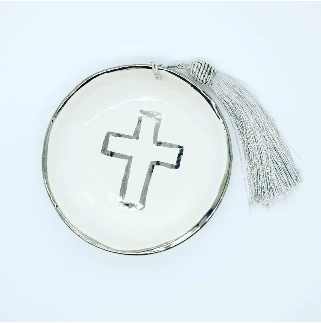 Ceramic trinket dish platinum silver cross ivory white