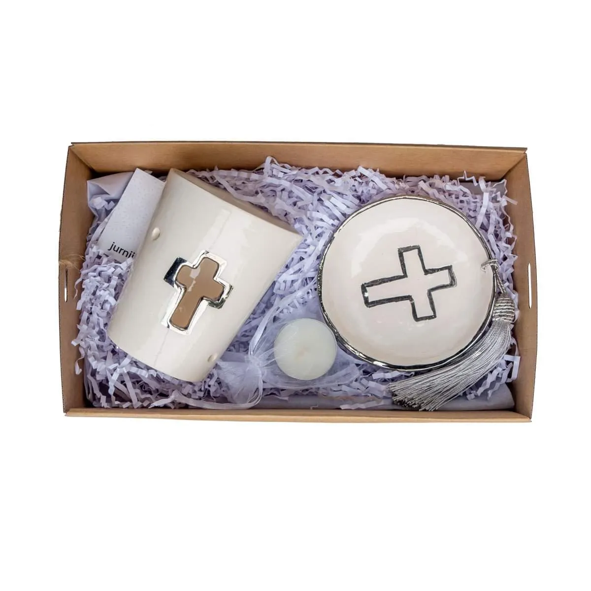 Ceramic trinket dish platinum silver cross ivory white