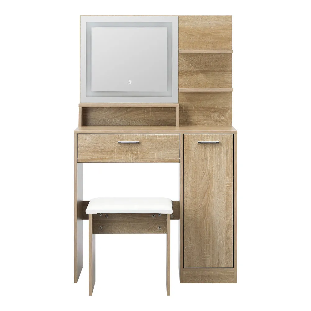 Dressing Table Stool Set LED Light Large Cabinet Natural