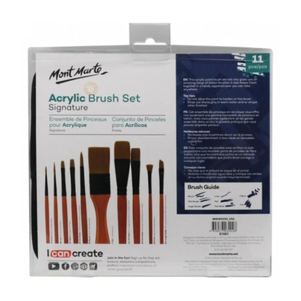 Mont Marte Signature Paint Brush Set - Acrylic Taklon Bristle In Wallet 11pc