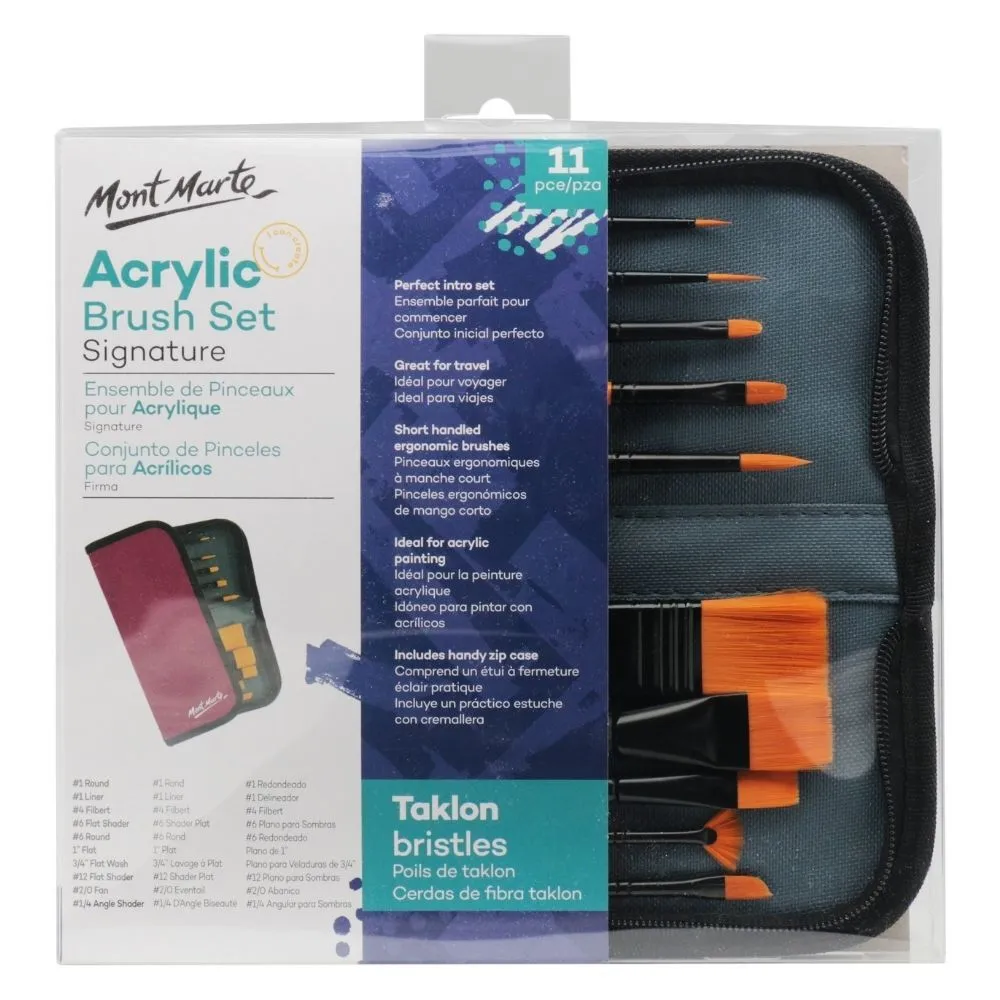 Mont Marte Signature Paint Brush Set - Acrylic Taklon Bristle In Wallet 11pc