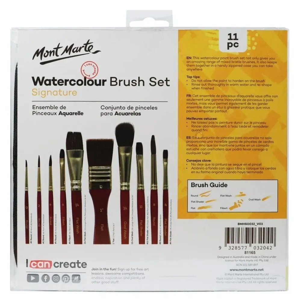 Mont Marte Signature Paint Brush Set - Watercolour Mixed Bristle In Wallet 11pc