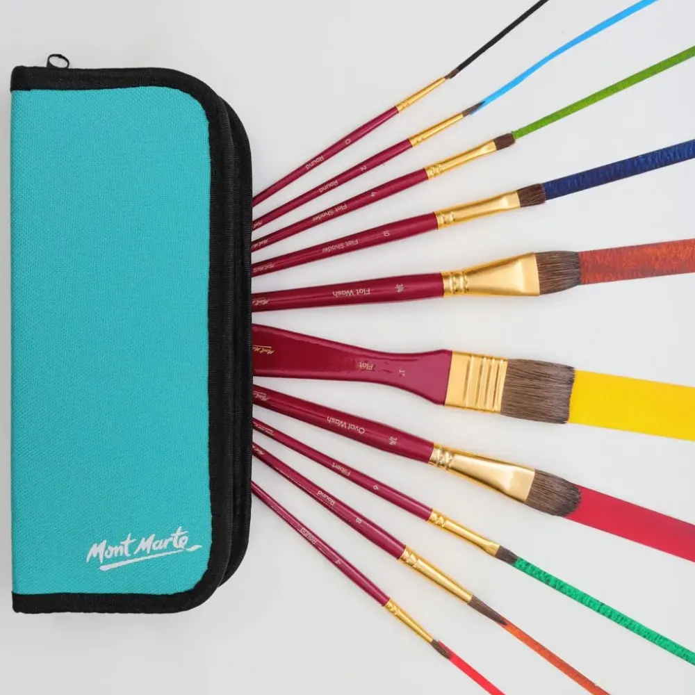 Mont Marte Signature Paint Brush Set - Watercolour Mixed Bristle In Wallet 11pc
