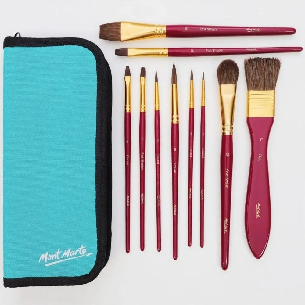 Mont Marte Signature Paint Brush Set - Watercolour Mixed Bristle In Wallet 11pc