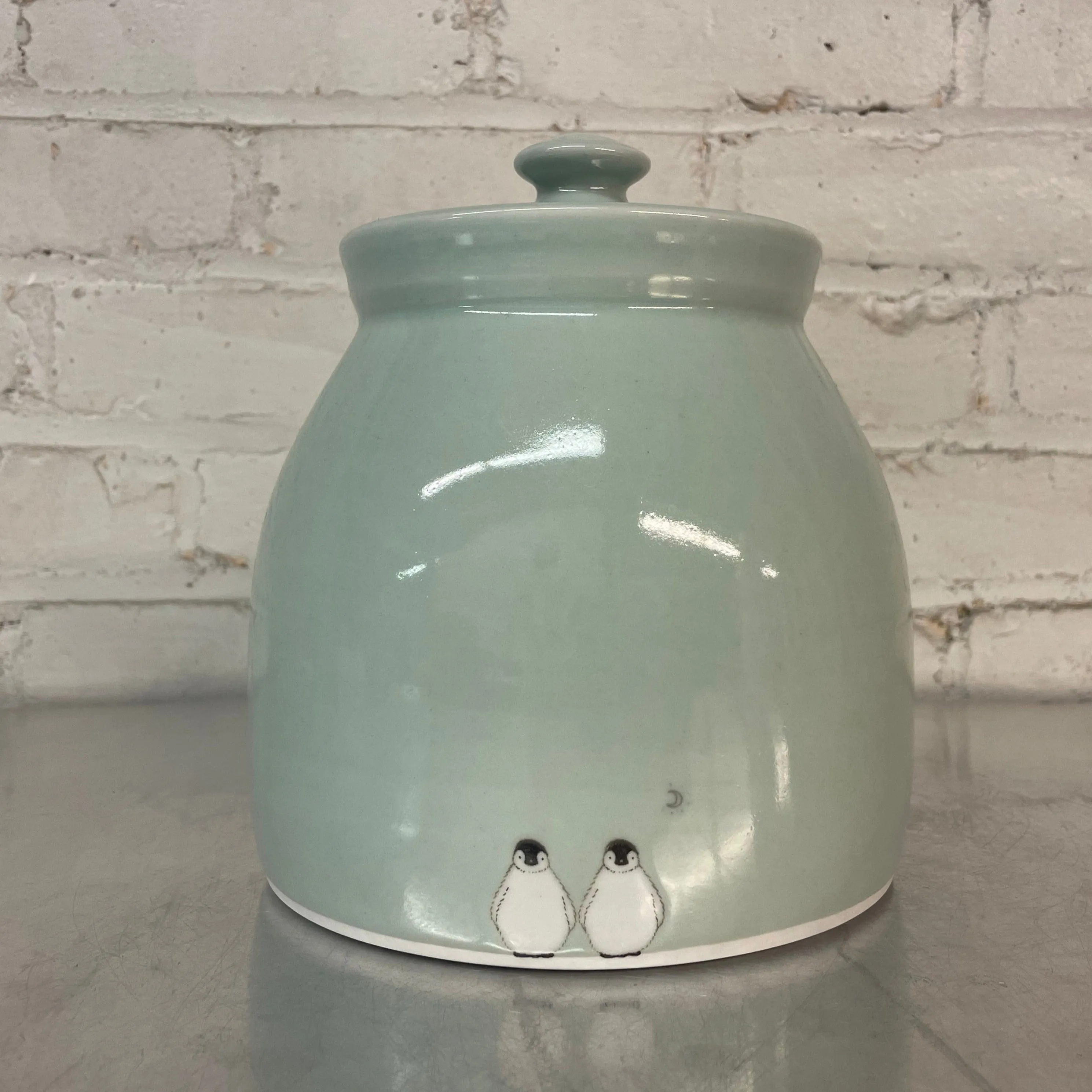 Penguins with Moon Small Canister by SKT Ceramics